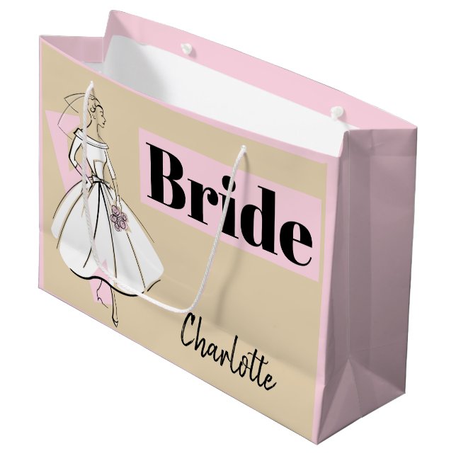 Fashion Bride Neutral Bride Name large pink Gift Bag (Front Angled)