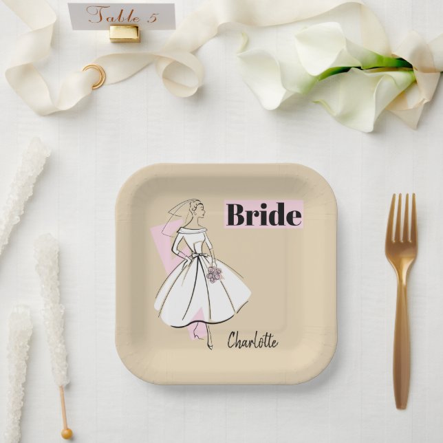 Fashion Bride Neutral Bride Name square Paper Plate (Wedding)