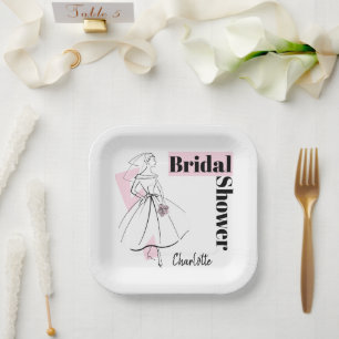 Fashion Bride Pink Bridal Shower Name square Paper Plate