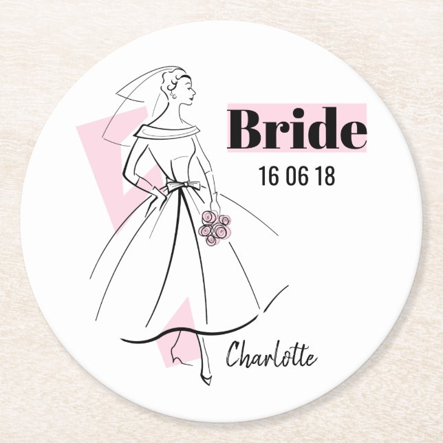 Fashion Bride Pink Bride Date Name coaster round (Front)