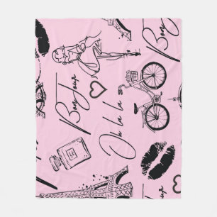 Fashion, calligraphy, Eiffel Tower, lips Fleece Blanket