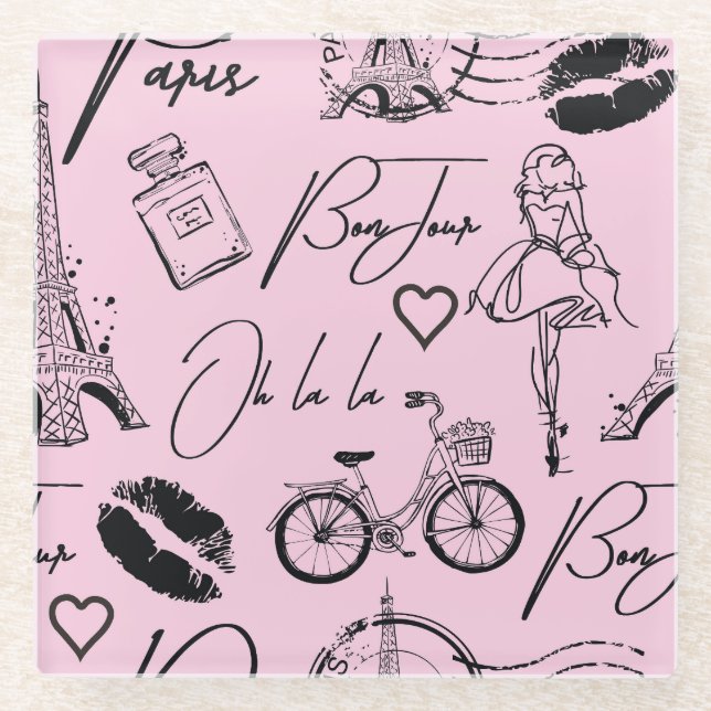 Fashion, calligraphy, Eiffel Tower, lips Glass Coaster (Front)