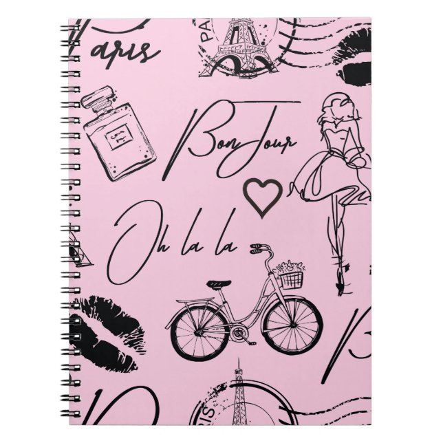 Fashion, calligraphy, Eiffel Tower, lips Notebook (Front)