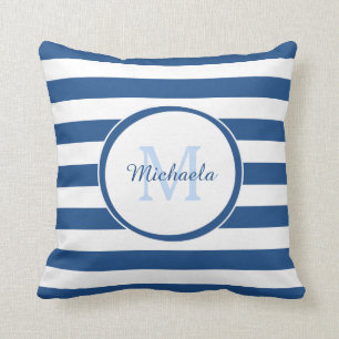 Fashion Candy Stripes Monogram and Name in Blue Cushion
