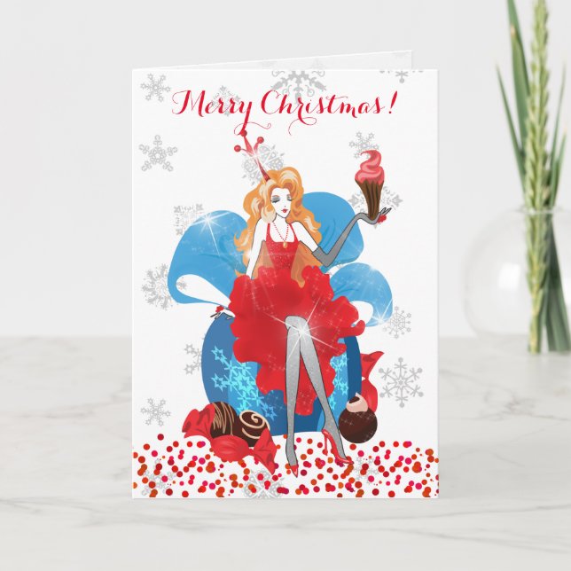Fashion Christmas stylish red grey illustration Holiday Card (Front)