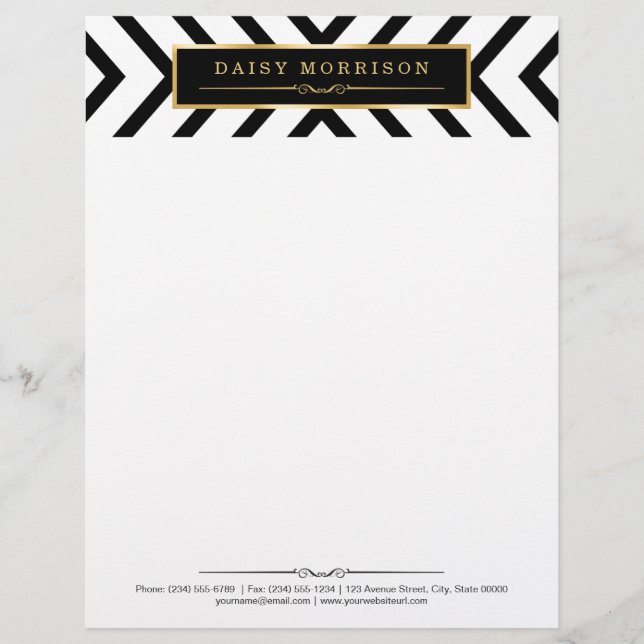 Fashion Classy Gold Black White Stripes Pattern Letterhead Design (Front)