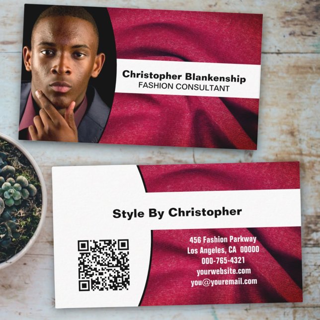 Fashion Consultant Burgundy Fabric Photo QR Code Business Card (front and back custom photo business card)