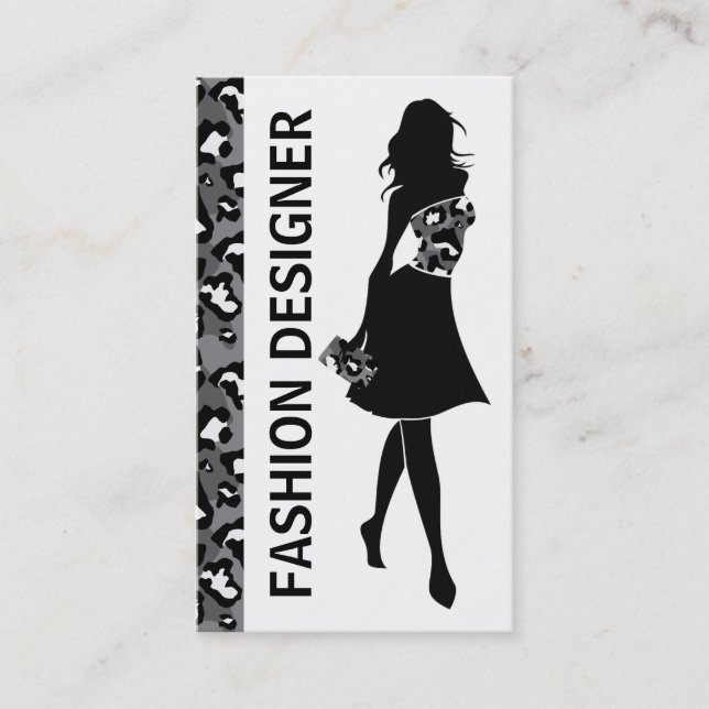 Fashion designer girl black grey panther print business card (Front)