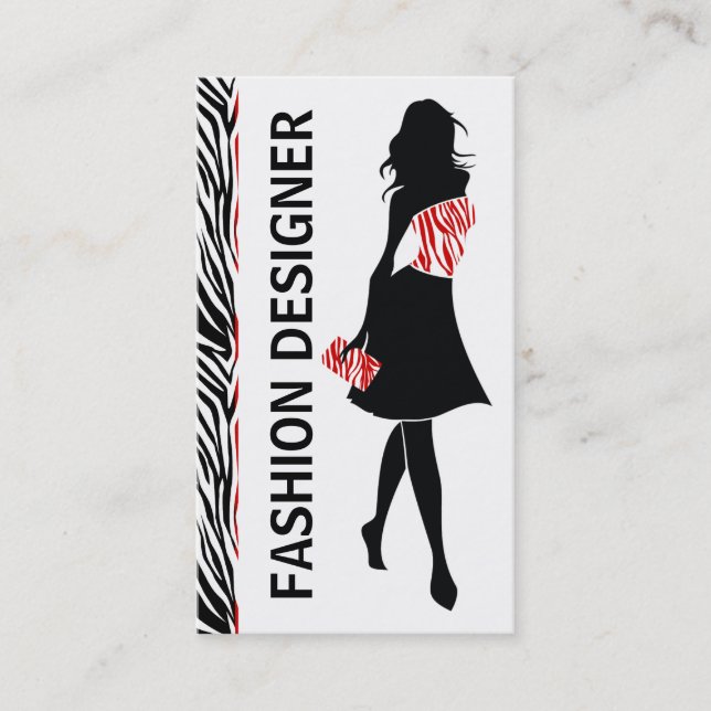 Fashion designer girl black red white zebra print business card (Front)