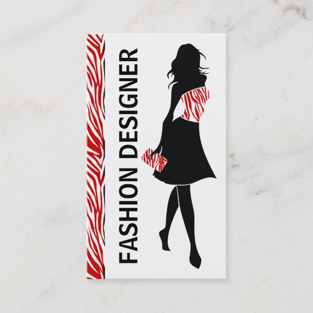 Fashion designer girl red white zebra print business card (Front)