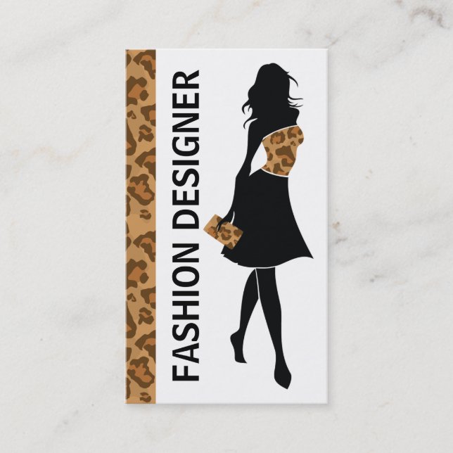 Fashion designer girl with brown panther print business card (Front)