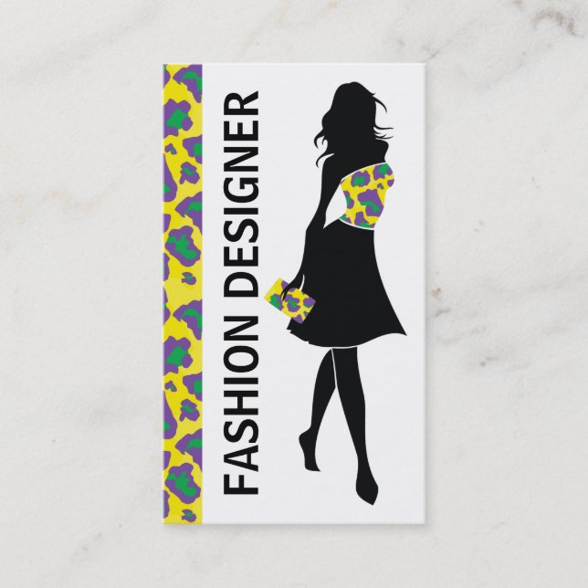 Fashion designer girl yellow purple panther print business card (Front)