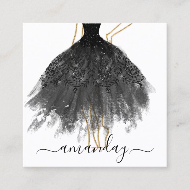 Fashion Designer Glitter Dress Logo QR Black Gold Square Business Card (Front)