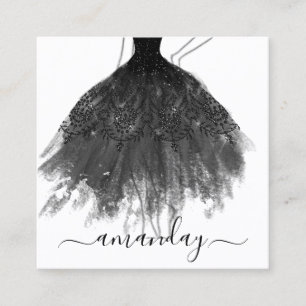 Fashion Designer Glitter Dress Logo QR Grey Black  Square Business Card