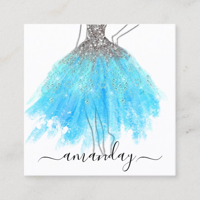 Fashion Designer Glitter Dress Logo QR Grey Blue Square Business Card (Front)