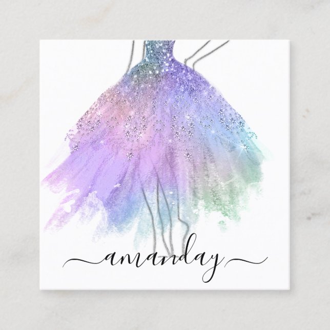 Fashion Designer Glitter Dress Logo QR Silver Pink Square Business Card (Front)