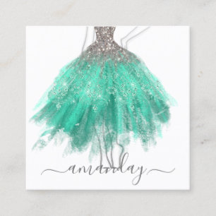 Fashion Designer Grey Glitter Dress Logo QR Green Square Business Card