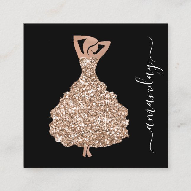 Fashion Designer Rese Glitter Dress Logo QR  Square Business Card (Front)