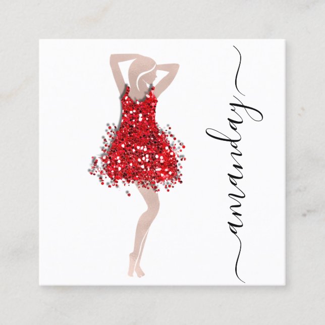 Fashion Designer Shop Red Dress QRCode Logo White Square Business Card (Front)
