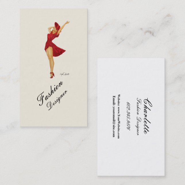 Fashion Designer Vargas Pinup Girl in Red Dress  Business Card (Front/Back)