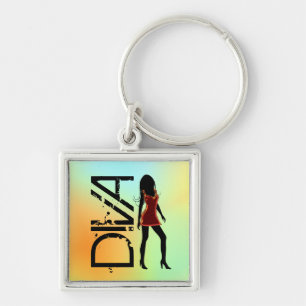 Fashion Diva in Red Dress Premium Square Keychain