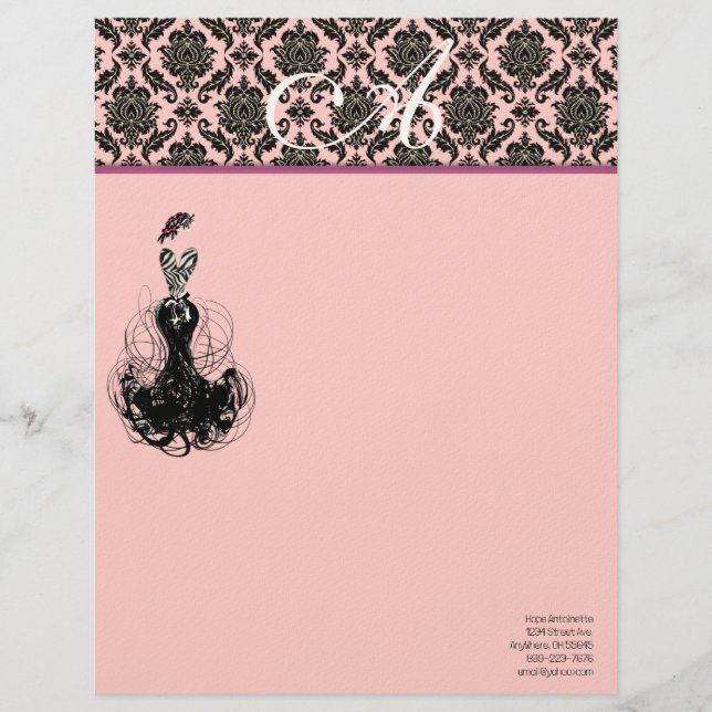 Fashion Diva Pink Raspberry Monogram Damask Personalized Letterhead (Front)