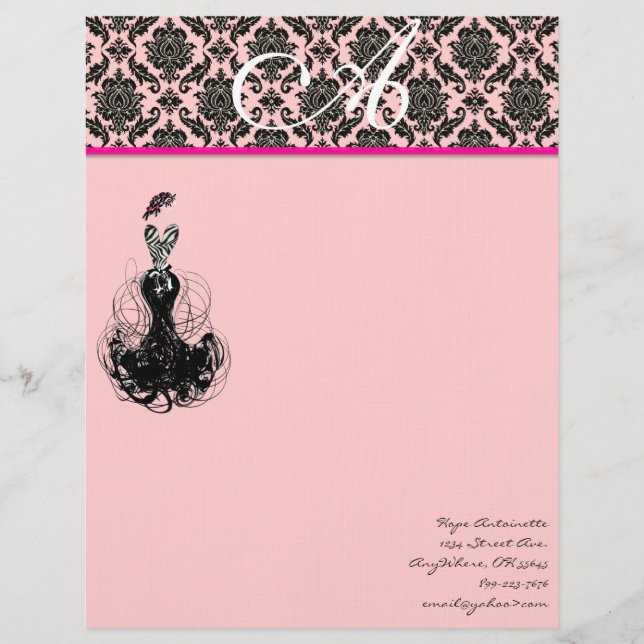 Fashion Diva Pink Raspberry Monogram Damask Personalized Letterhead (Front)