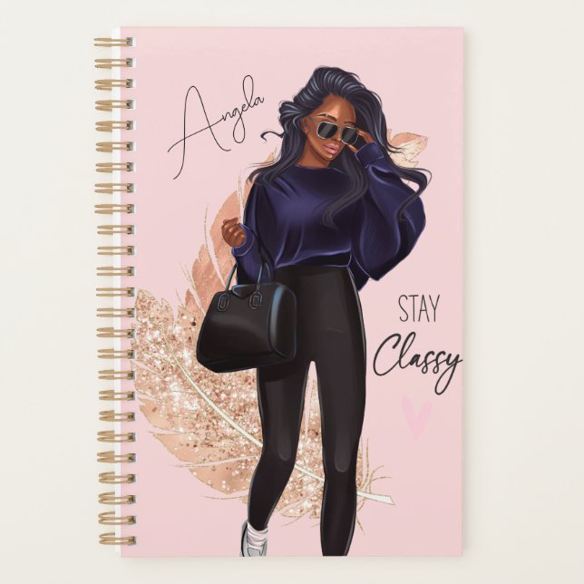 Fashion Faux Glitter Girl Red Hair Brown Pink   Planner (Front)