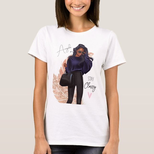 Fashion Faux Glitter Girl Red Hair Brown Pink   T-Shirt (Front)