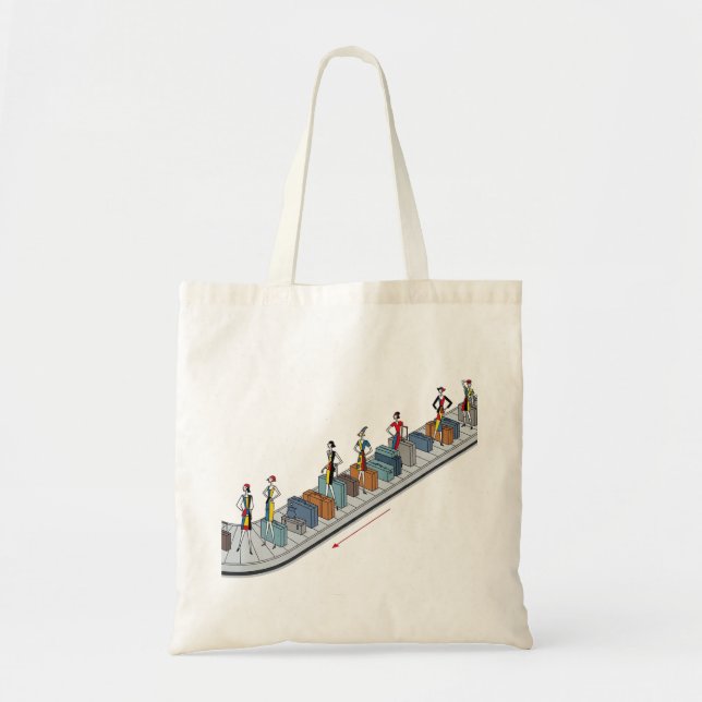 Fashion Figures with Luggage on Conveyor Belt   Tote Bag (Front)