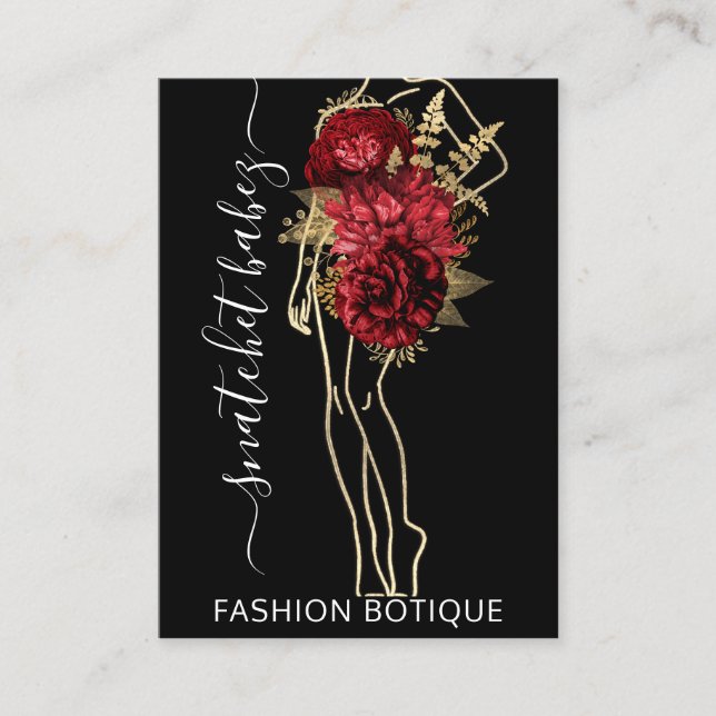 Fashion Floral Black Gold Logo QR Stylist Body  Business Card (Front)