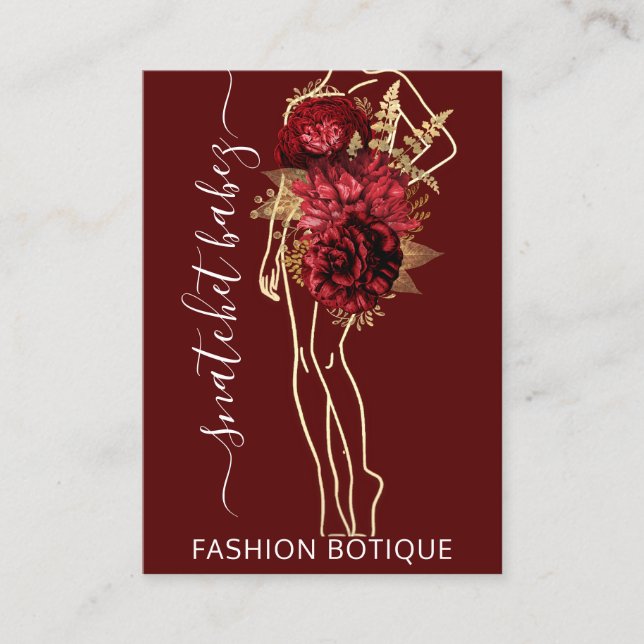 Fashion Floral Burgundy Gold Logo QR Stylist Body Business Card (Front)