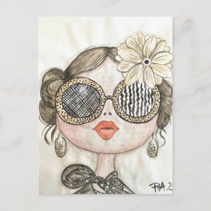fashion girl illustration with water glasses postcard