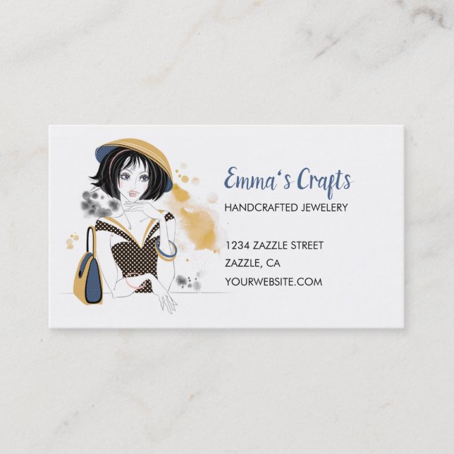 Fashion Girl in Gold and Blue Business Card (Front)