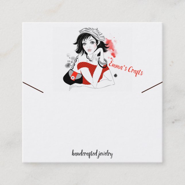 Fashion Girl in Red Necklace Display Square Business Card (Front)