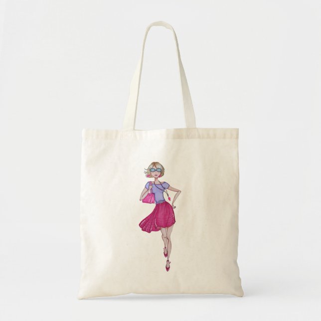 Fashion girl wearing pink skirt and purple top tot tote bag (Front)