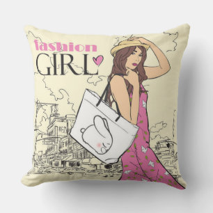 Fashion Girl With Bag Throw Pillow