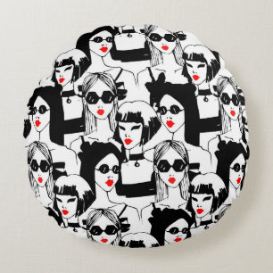 Fashion girls, model, sunglasses, vintage pattern. round cushion