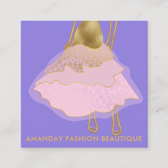 Fashion Gold Pink Dress Logo QR Stylist Violet  Square Business Card (Front)