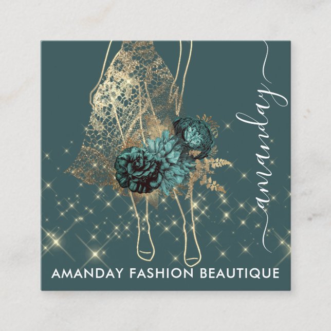 Fashion Gold Red Dress Logo QRCode Custom Green Square Business Card (Front)