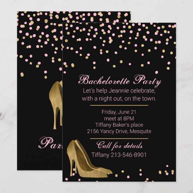 Fashion Gold Stiletto Bachelorette Party Invitation (Front/Back)