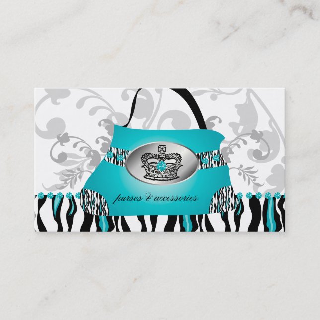 Fashion Handbag Crown Purse Blue Zebra Floral 2 Business Card (Front)