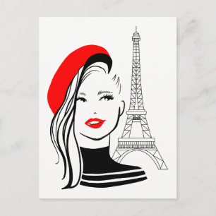 Fashion illustration french woman in red beret postcard