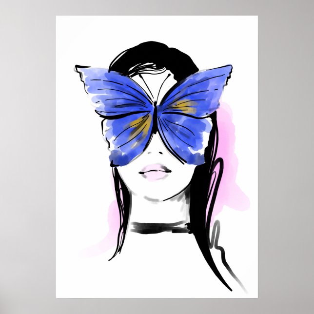 Fashion illustration glam woman with butterfly poster (Front)