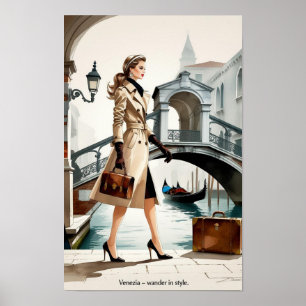 Fashion Illustration of Woman Crossing Venice Poster