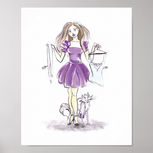 Fashion Illustration Shopping Girl Cat Watercolor Poster (Front)
