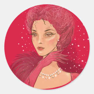 Fashion illustration stylish woman with pearls classic round sticker