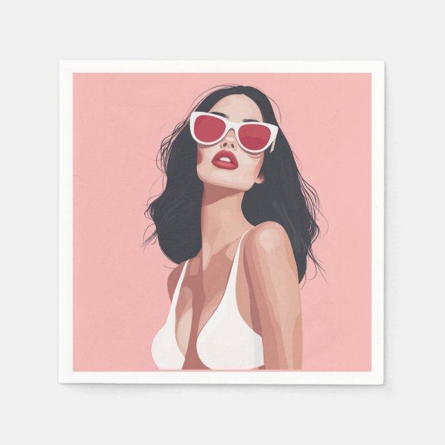 Fashion Illustration Stylish Woman With Sunglasses Napkin (Front)
