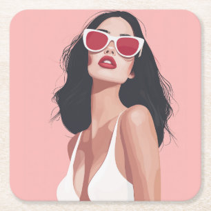 Fashion Illustration Stylish Woman With Sunglasses Square Paper Coaster