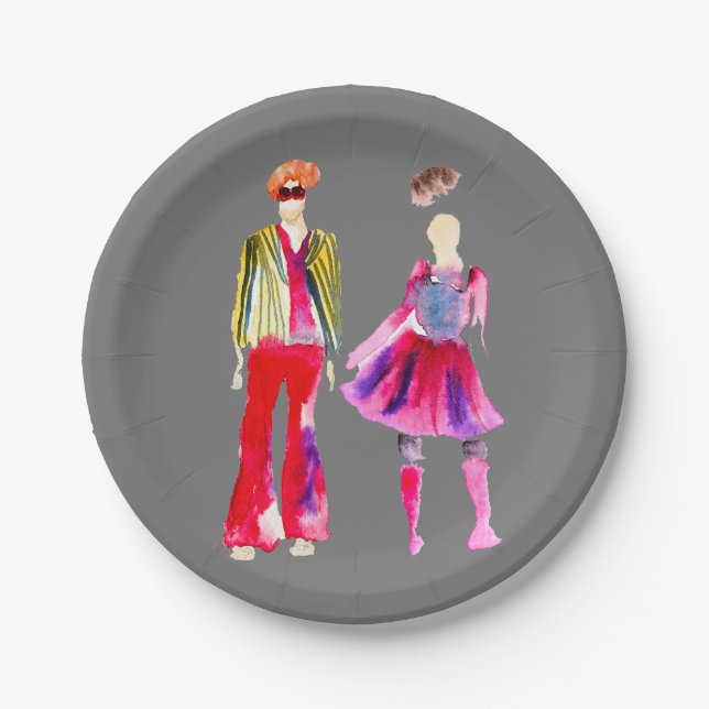 Fashion illustration watercolor boho paper plate (Front)